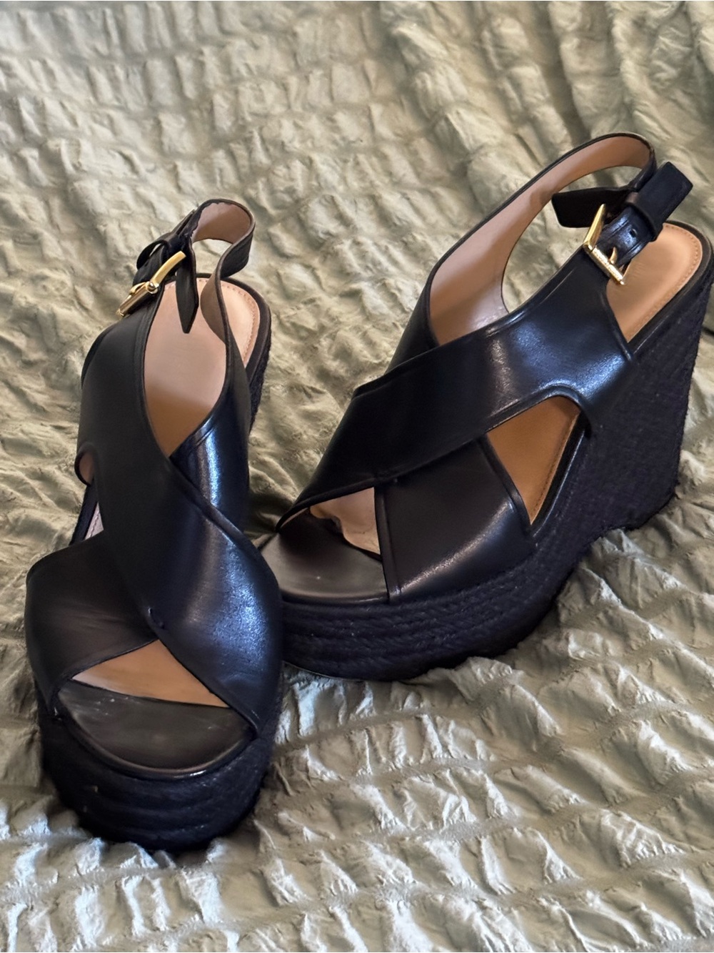 Michael Kors Black Leather Crisscross Wedge Sandals with Gold Buckle